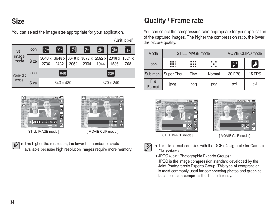 Size quality / frame rate, Vw x | Samsung BL1050 User Manual | Page 35 / 94