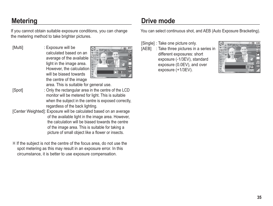 Metering, Drive mode | Samsung BL1050 User Manual | Page 36 / 94