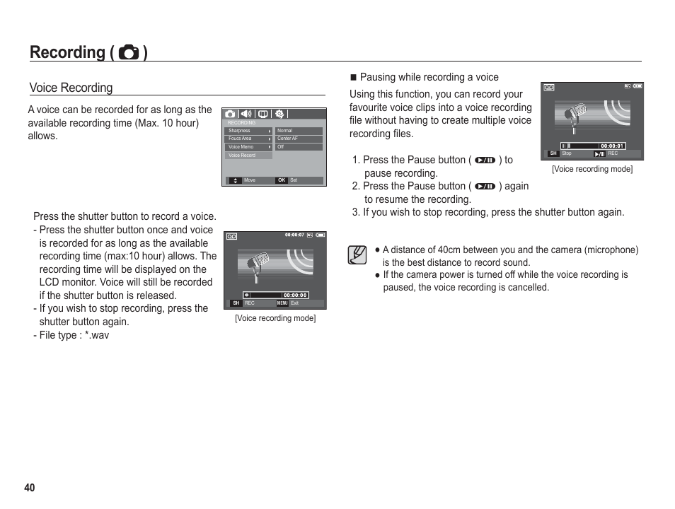 Recording ( ), Voice recording | Samsung BL1050 User Manual | Page 41 / 94