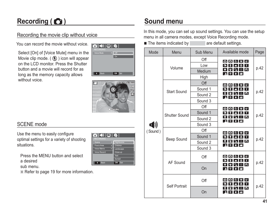 Sound menu, Recording ( ), Recording the movie clip without voice | Scene mode | Samsung BL1050 User Manual | Page 42 / 94
