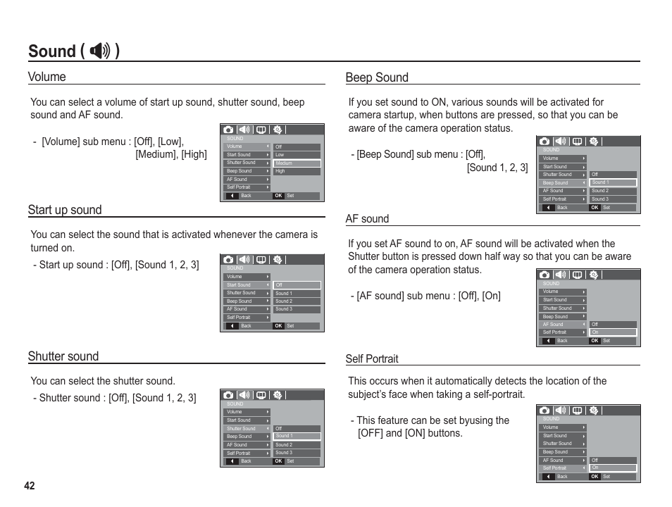 Sound, Beep sound, Volume | Start up sound, Shutter sound, Af sound, Self portrait | Samsung BL1050 User Manual | Page 43 / 94