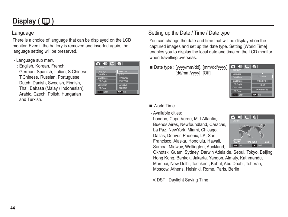 Display ( " ), Setting up the date / time / date type, Language | Samsung BL1050 User Manual | Page 45 / 94