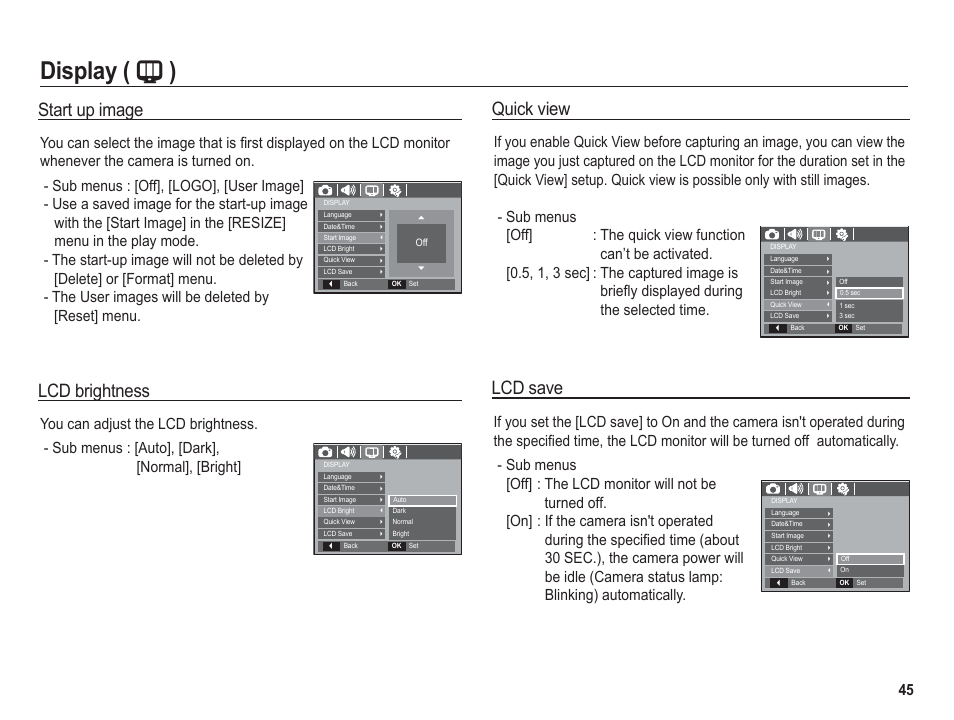 Display ( " ), Lcd brightness, Start up image | Quick view, Lcd save | Samsung BL1050 User Manual | Page 46 / 94