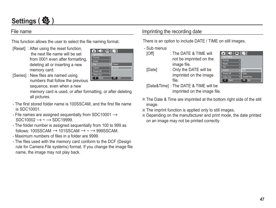 Settings ( ” ), Imprinting the recording date, File name | Samsung BL1050 User Manual | Page 48 / 94