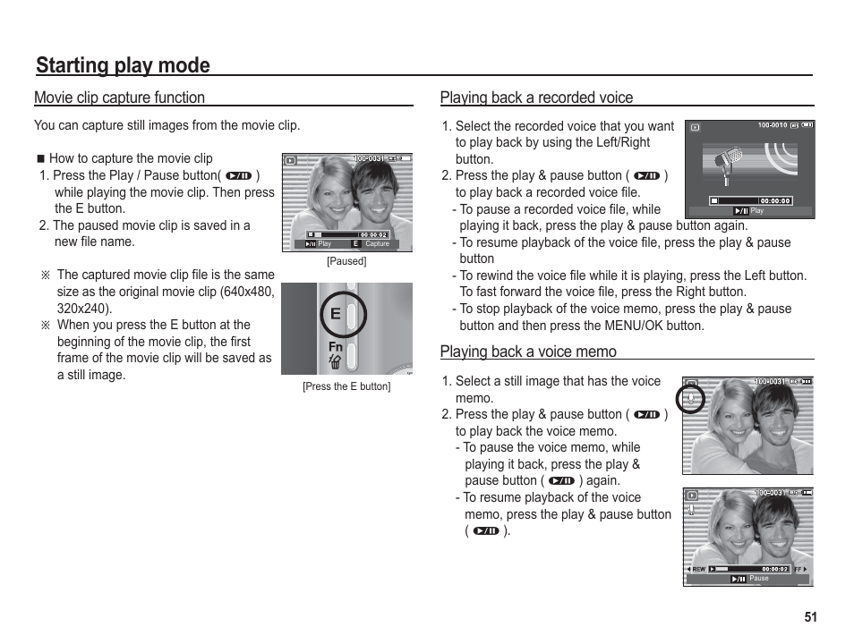 Starting play mode, Movie clip capture function, Playing back a recorded voice | Samsung BL1050 User Manual | Page 52 / 94