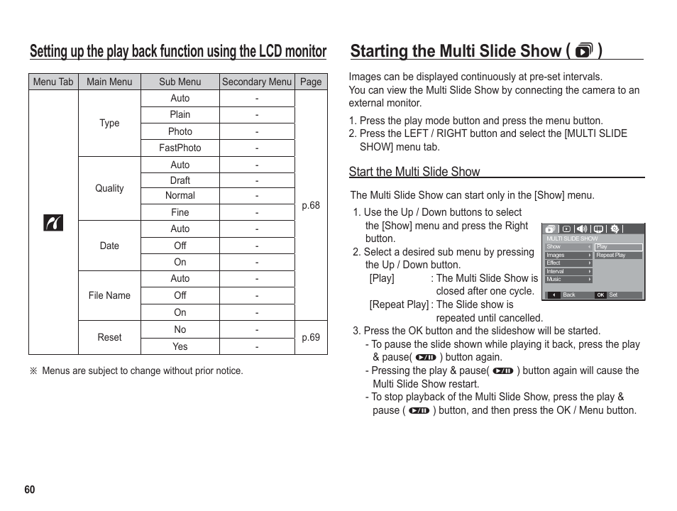 Starting the multi slide show (  ), Start the multi slide show | Samsung BL1050 User Manual | Page 61 / 94