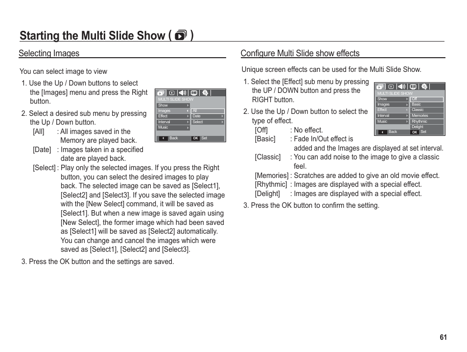 Starting the multi slide show (  ), Selecting images, Configure multi slide show effects | Samsung BL1050 User Manual | Page 62 / 94