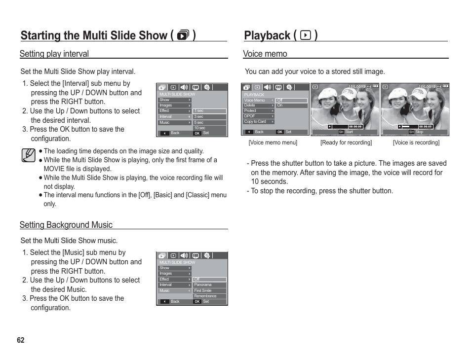 Starting the multi slide show (  ), Playback ( à ), Setting background music setting play interval | You can add your voice to a stored still image | Samsung BL1050 User Manual | Page 63 / 94