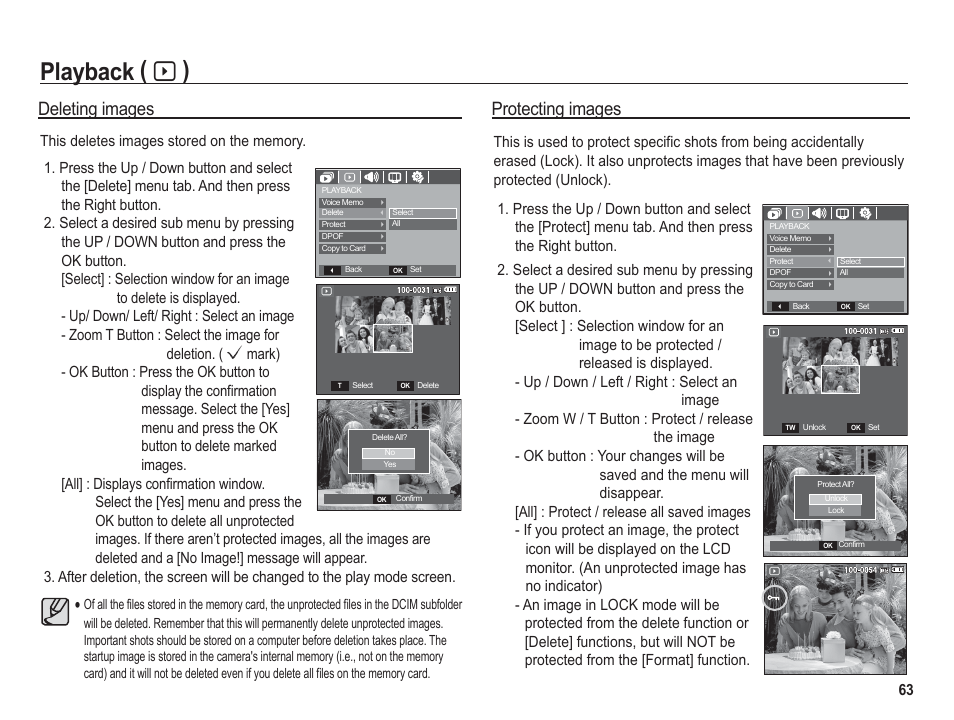 Playback ( à ), Deleting images, Protecting images | Samsung BL1050 User Manual | Page 64 / 94