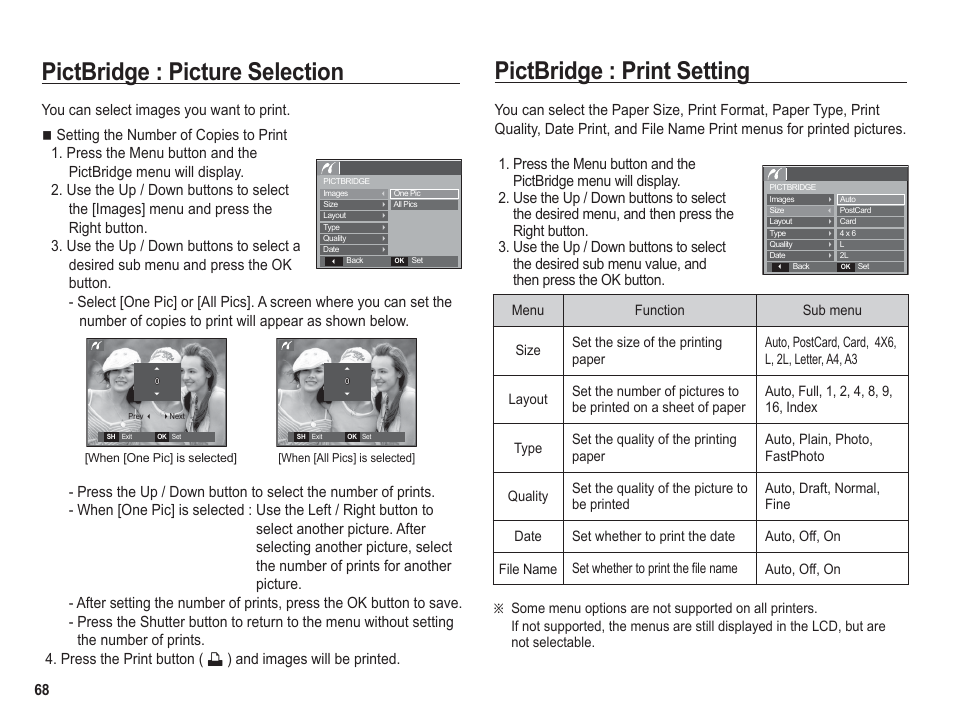 Pictbridge : picture selection, Pictbridge : print setting | Samsung BL1050 User Manual | Page 69 / 94