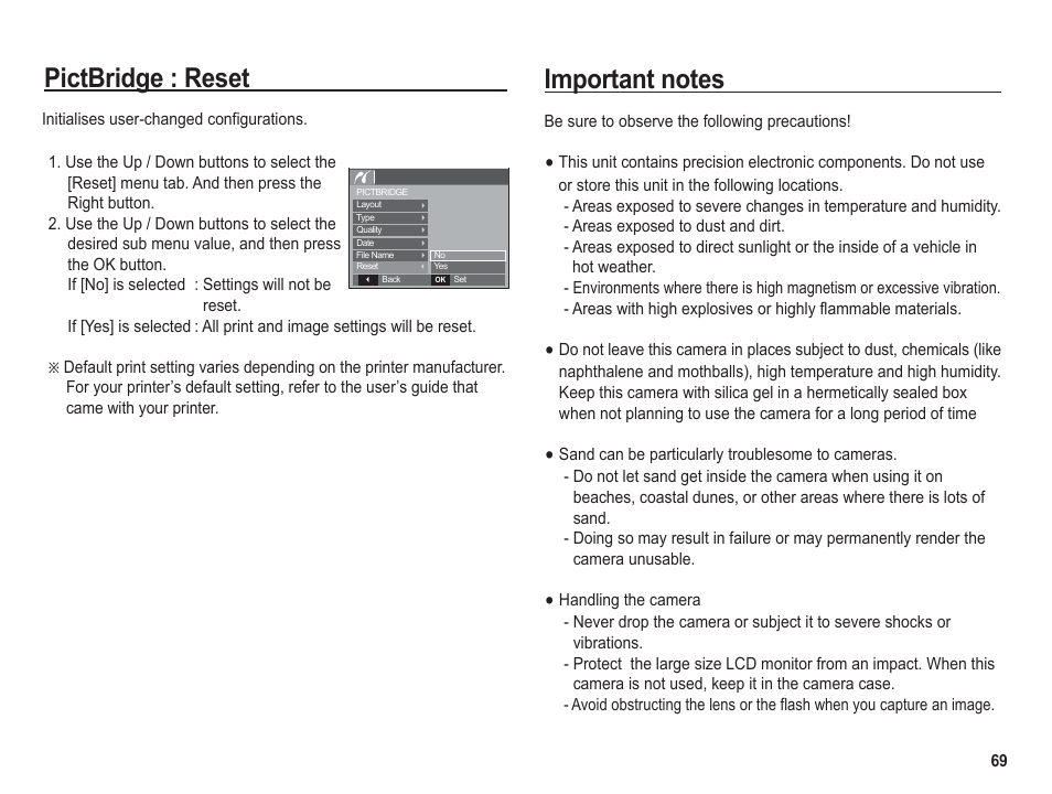 Pictbridge : reset | Samsung BL1050 User Manual | Page 70 / 94