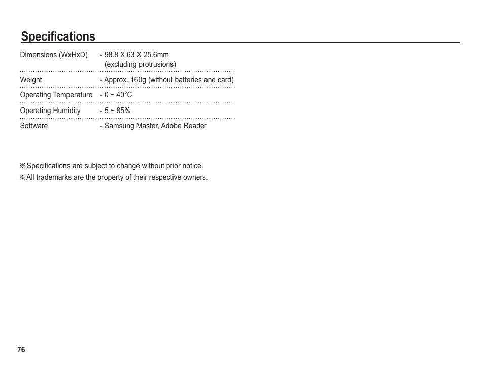 Specifications | Samsung BL1050 User Manual | Page 77 / 94