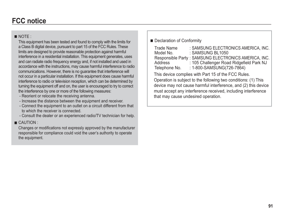 Fcc notice | Samsung BL1050 User Manual | Page 92 / 94