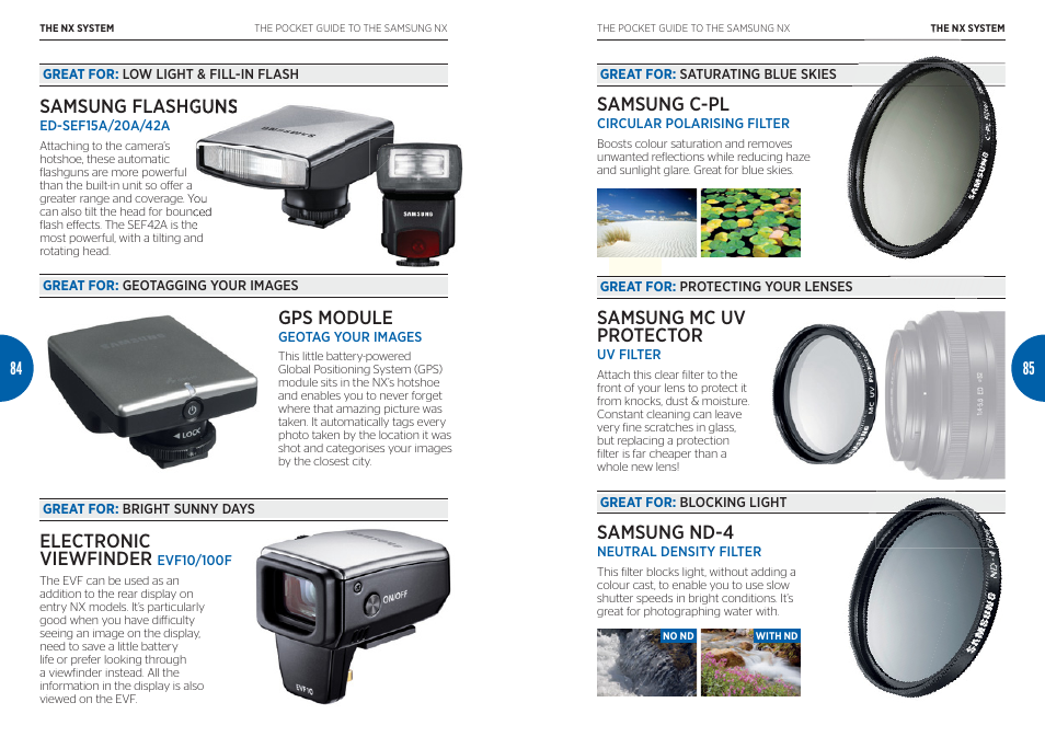 Samsung flashguns, Electronic viewfinder, Gps module | Samsung c-pl, Samsung mc uv protector, Samsung nd-4 | Samsung Digital Camera User Manual | Page 43 / 46