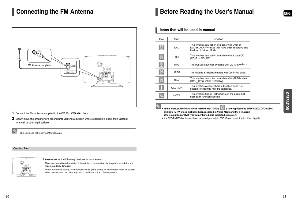 Connecting the fm antenna, Before reading the user's manual, Icons that will be used in manual | Samsung AH68-01963S User Manual | Page 11 / 31