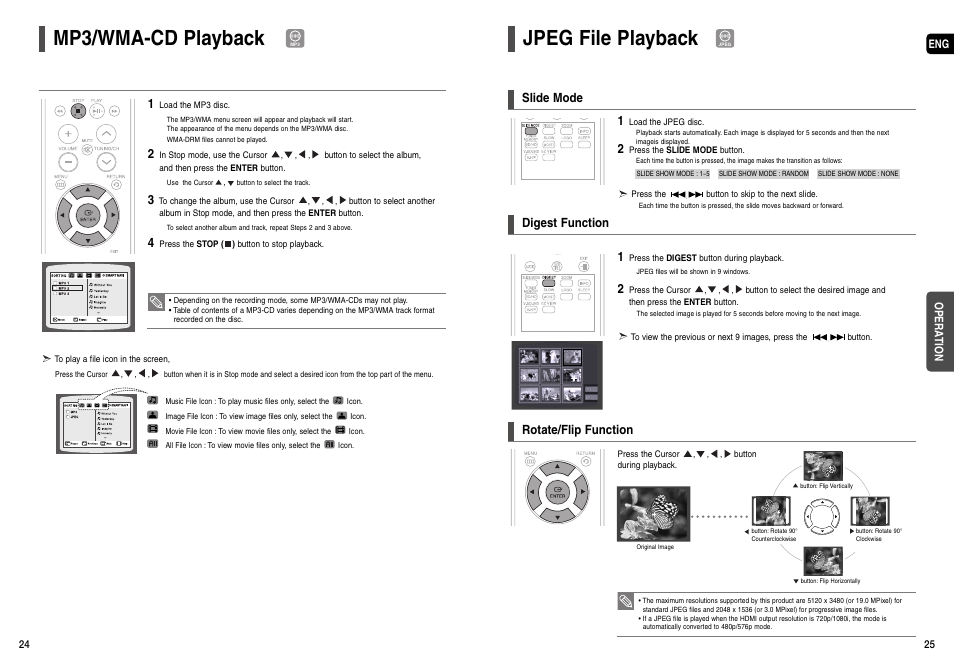 Mp3/wma-cd playback, Jpeg file playback, Slide mode 1 | Digest function, Rotate/flip function | Samsung AH68-01963S User Manual | Page 13 / 31