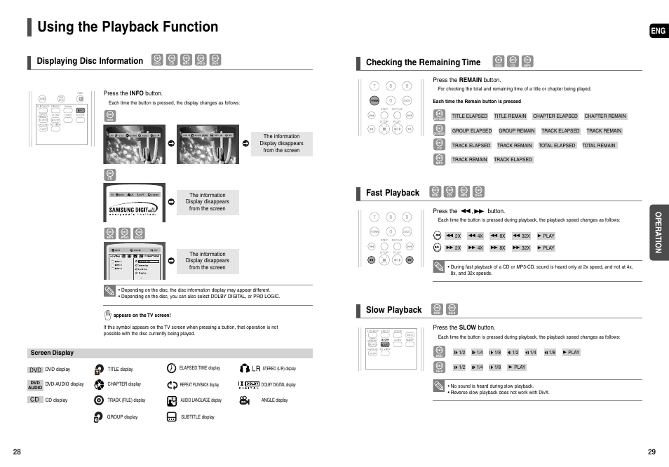 Using the playback function, Displaying disc information, Checking the remaining time | Fast playback, Slow playback, Eng opera tion | Samsung AH68-01963S User Manual | Page 15 / 31