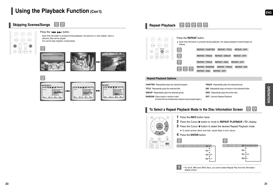 Using the playback function, Con’t), Skipping scenes/songs | Repeat playback, Eng opera tion | Samsung AH68-01963S User Manual | Page 16 / 31