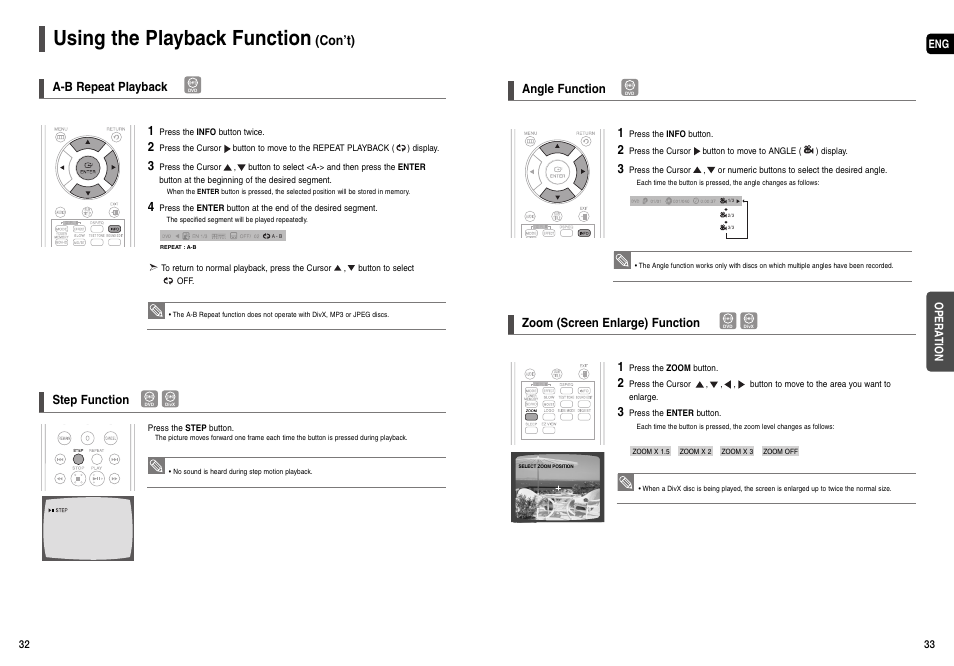 Using the playback function, Con’t), A-b repeat playback | Step function, Angle function, Zoom (screen enlarge) function | Samsung AH68-01963S User Manual | Page 17 / 31