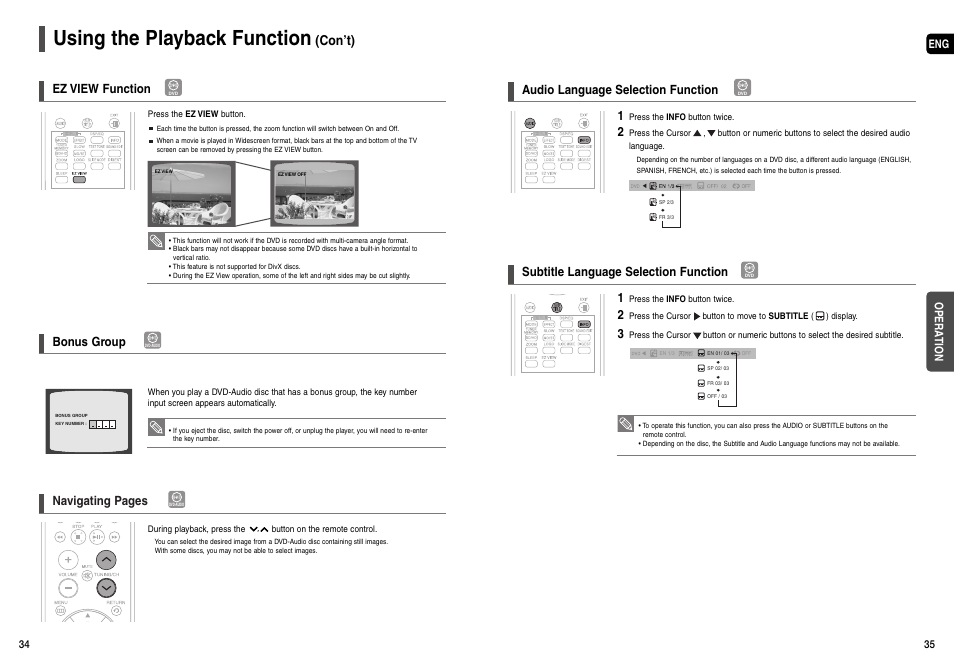 Using the playback function, Con’t), Ez view function | Bonus group, Navigating pages, Audio language selection function, Subtitle language selection function | Samsung AH68-01963S User Manual | Page 18 / 31
