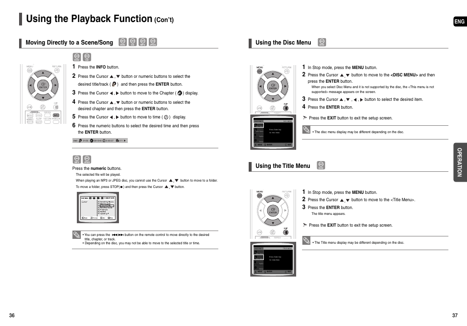 Using the playback function, Con’t), Moving directly to a scene/song 1 | Using the disc menu using the title menu | Samsung AH68-01963S User Manual | Page 19 / 31