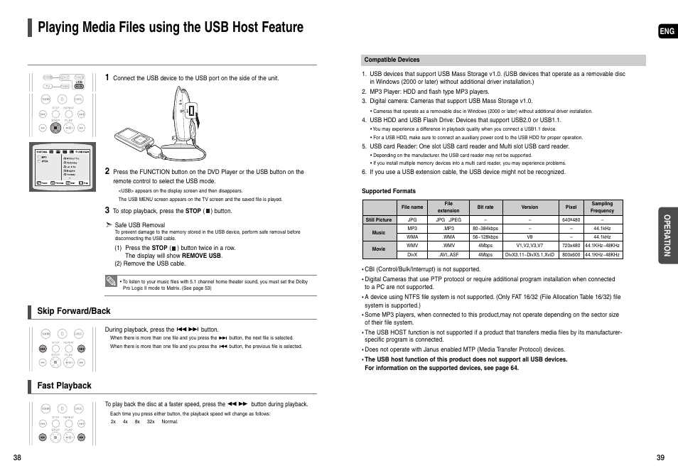 Playing media files using the usb host feature, Pho nes usb, Skip forward/back | Fast playback | Samsung AH68-01963S User Manual | Page 20 / 31