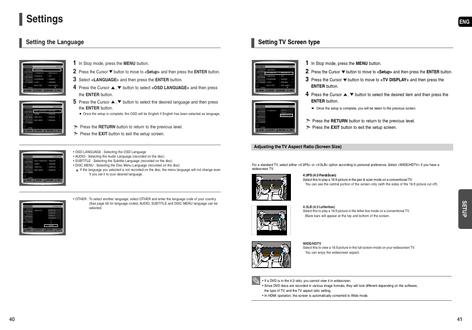 Settings, Setting the language, Setting tv screen type | Eng setup | Samsung AH68-01963S User Manual | Page 21 / 31