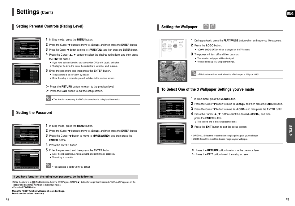 Settings, Con’t), Setting parental controls (rating level) | Setting the password | Samsung AH68-01963S User Manual | Page 22 / 31