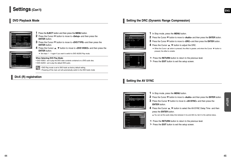 Settings, Con’t), Divx (r) registration | Dvd playback mode, Setting the av sync, Setting the drc (dynamic range compression) | Samsung AH68-01963S User Manual | Page 23 / 31