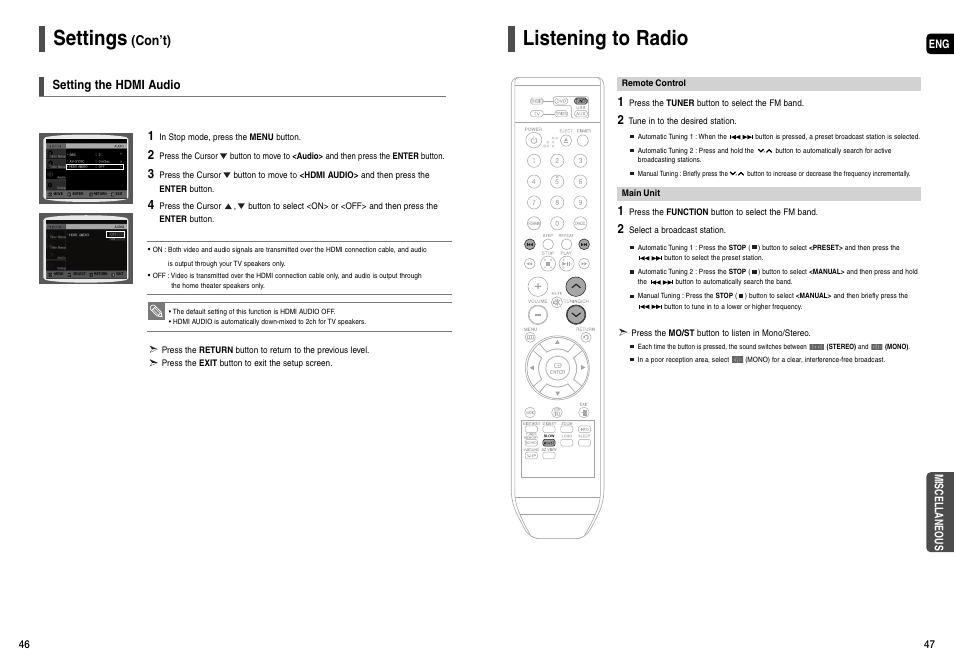 Listening to radio, Settings, Con’t) | Setting the hdmi audio | Samsung AH68-01963S User Manual | Page 24 / 31