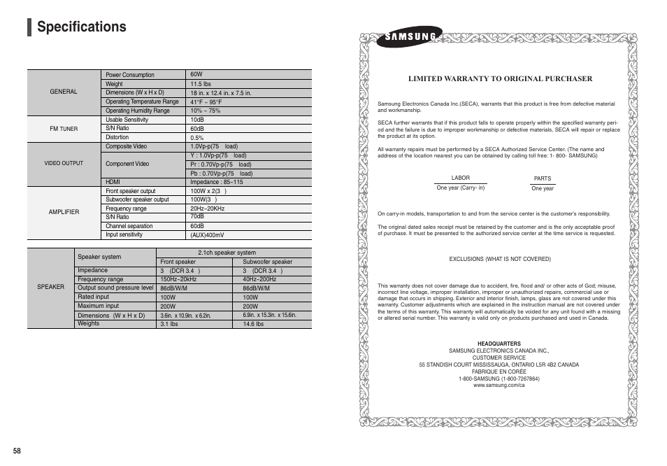 Specifications | Samsung AH68-01963S User Manual | Page 30 / 31