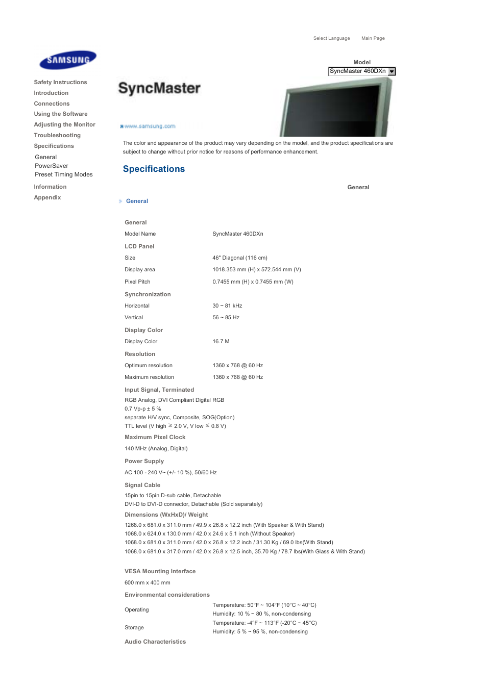 Syncmaster 460dxn, General, Specifications | Samsung 460DXN User Manual | Page 165 / 176