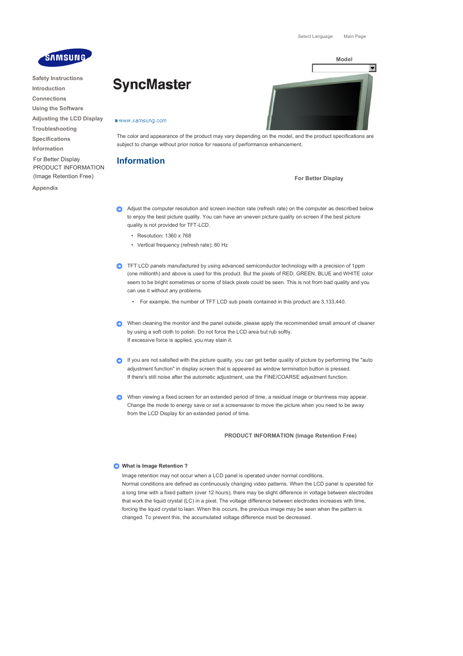 Information, For better display, Product information (image retention free) | Samsung 460DXN User Manual | Page 169 / 176