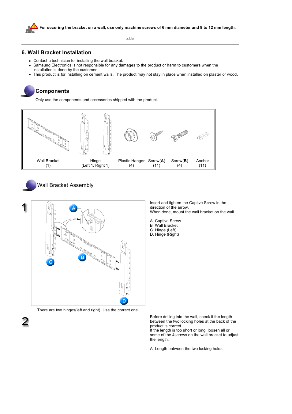 Wall bracket installation, Components, Wall bracket assembly | Samsung 460DXN User Manual | Page 23 / 176