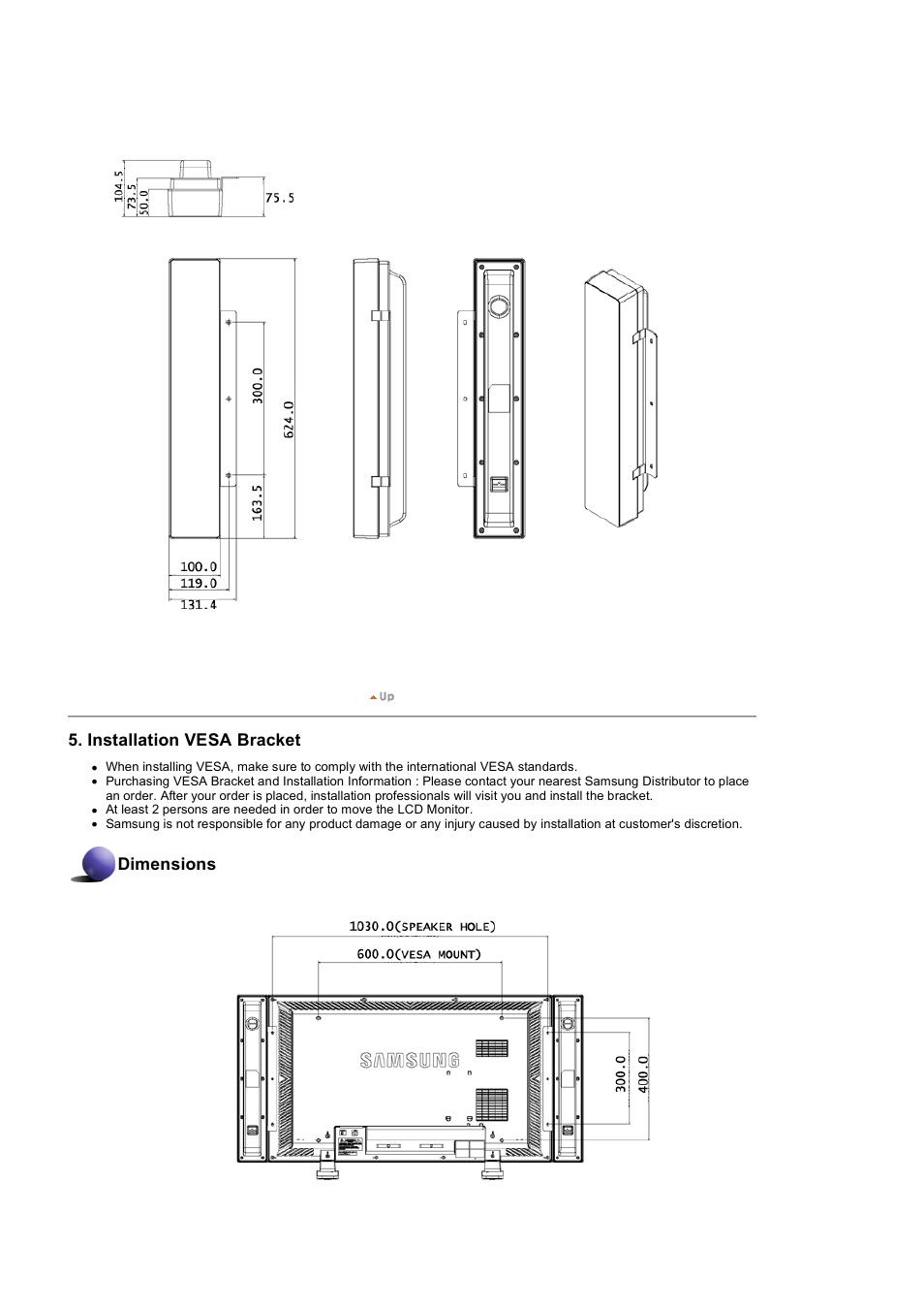 Installation vesa bracket, Dimensions | Samsung 460DXN User Manual | Page 29 / 176