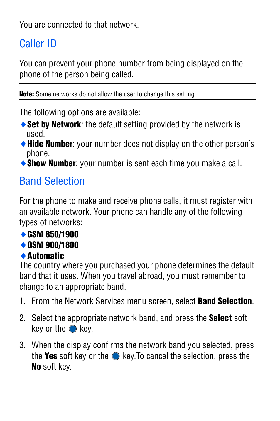 Caller id, Band selection | Samsung SGH-C327 User Manual | Page 104 / 150