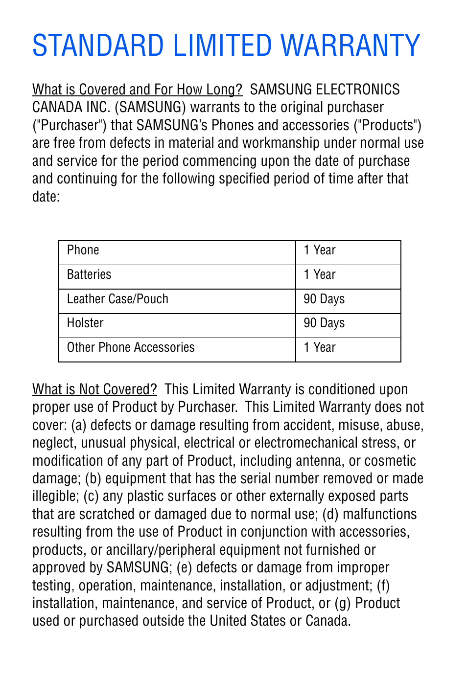 Standard limited warranty | Samsung SGH-C327 User Manual | Page 140 / 150