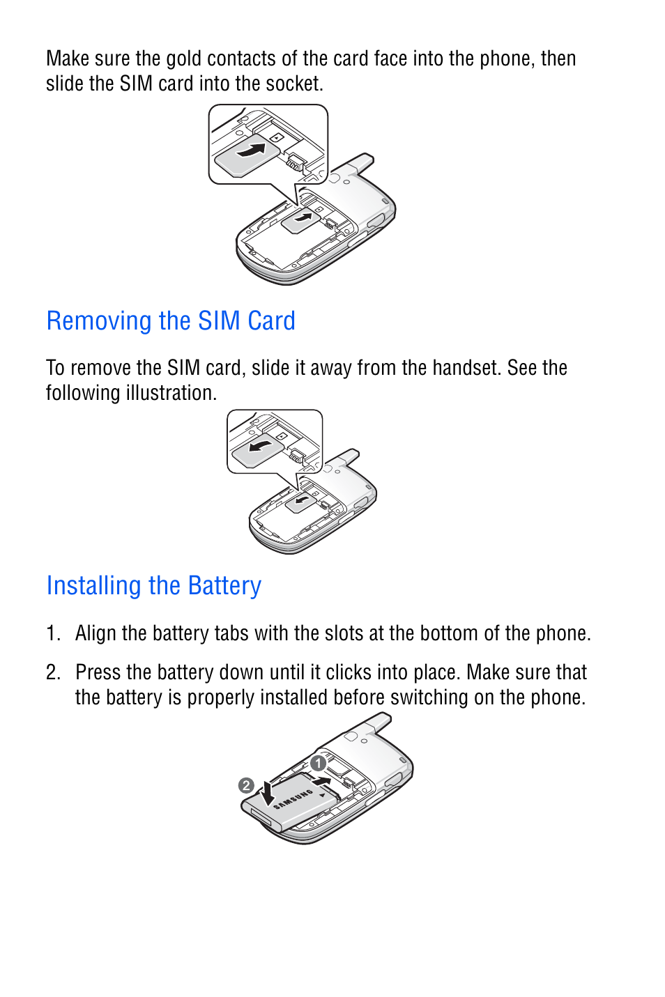 Removing the sim card, Installing the battery | Samsung SGH-C327 User Manual | Page 19 / 150