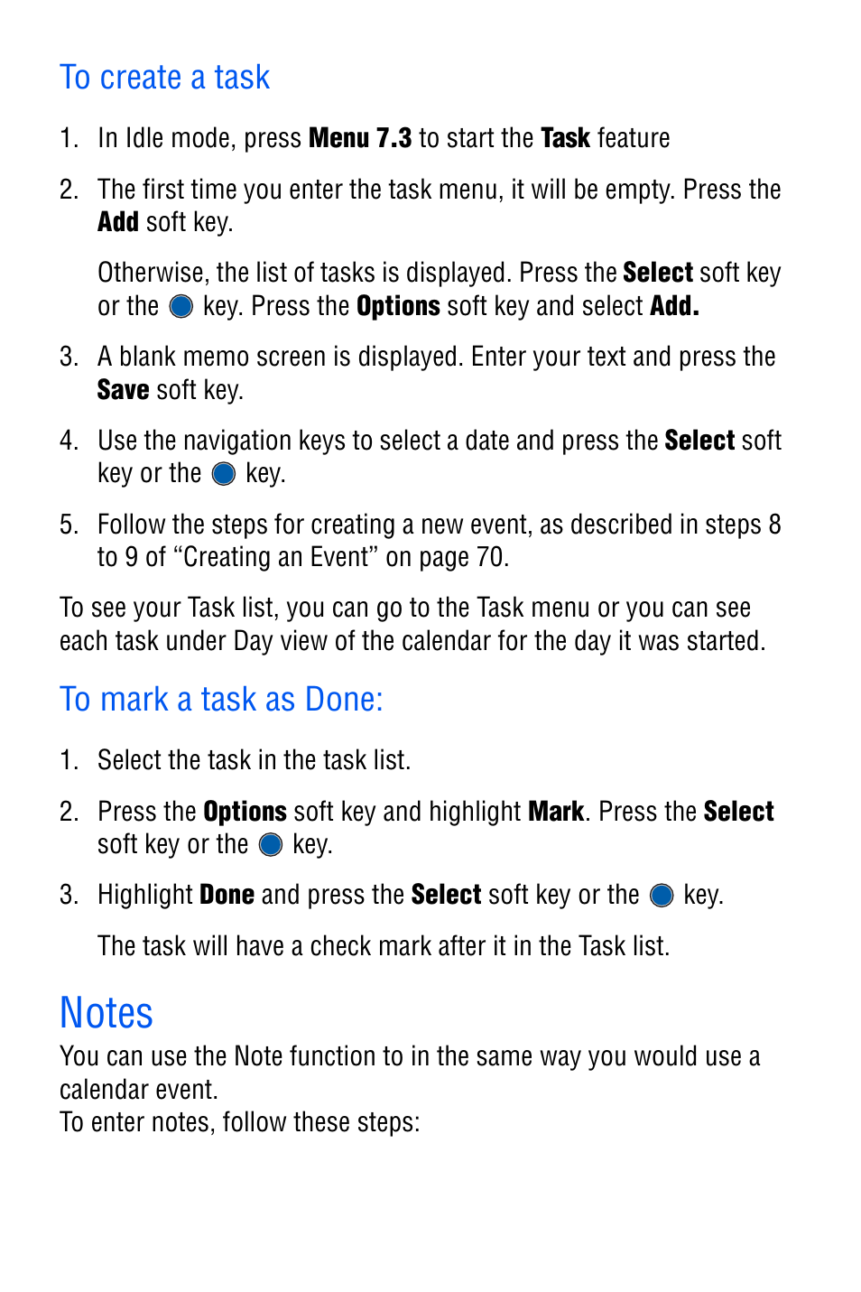 To create a task, To mark a task as done, Notes | Samsung SGH-C327 User Manual | Page 78 / 150