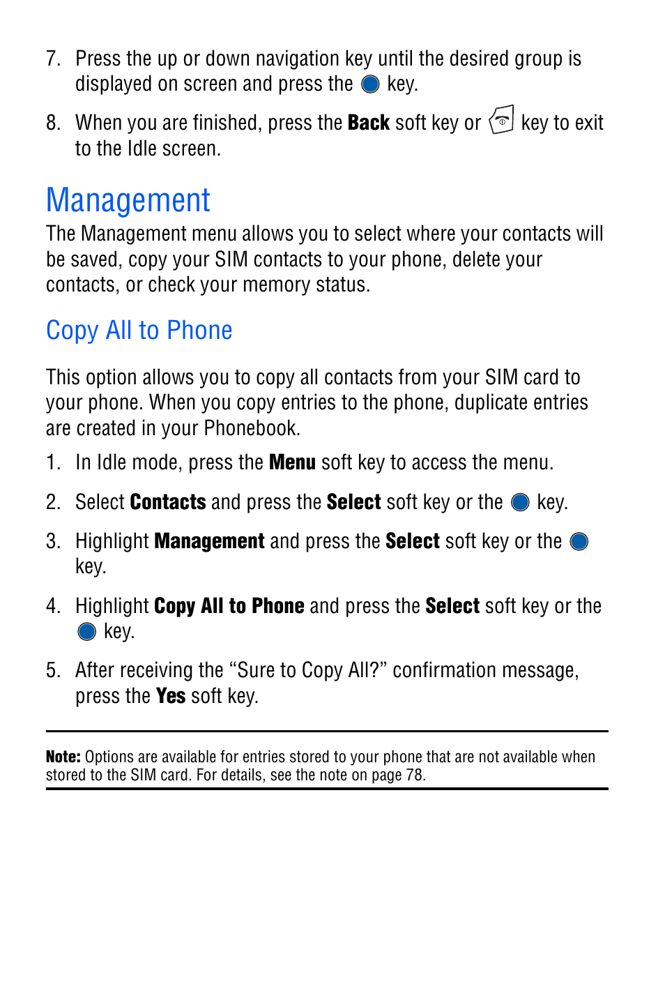 Management, Copy all to phone | Samsung SGH-C327 User Manual | Page 88 / 150