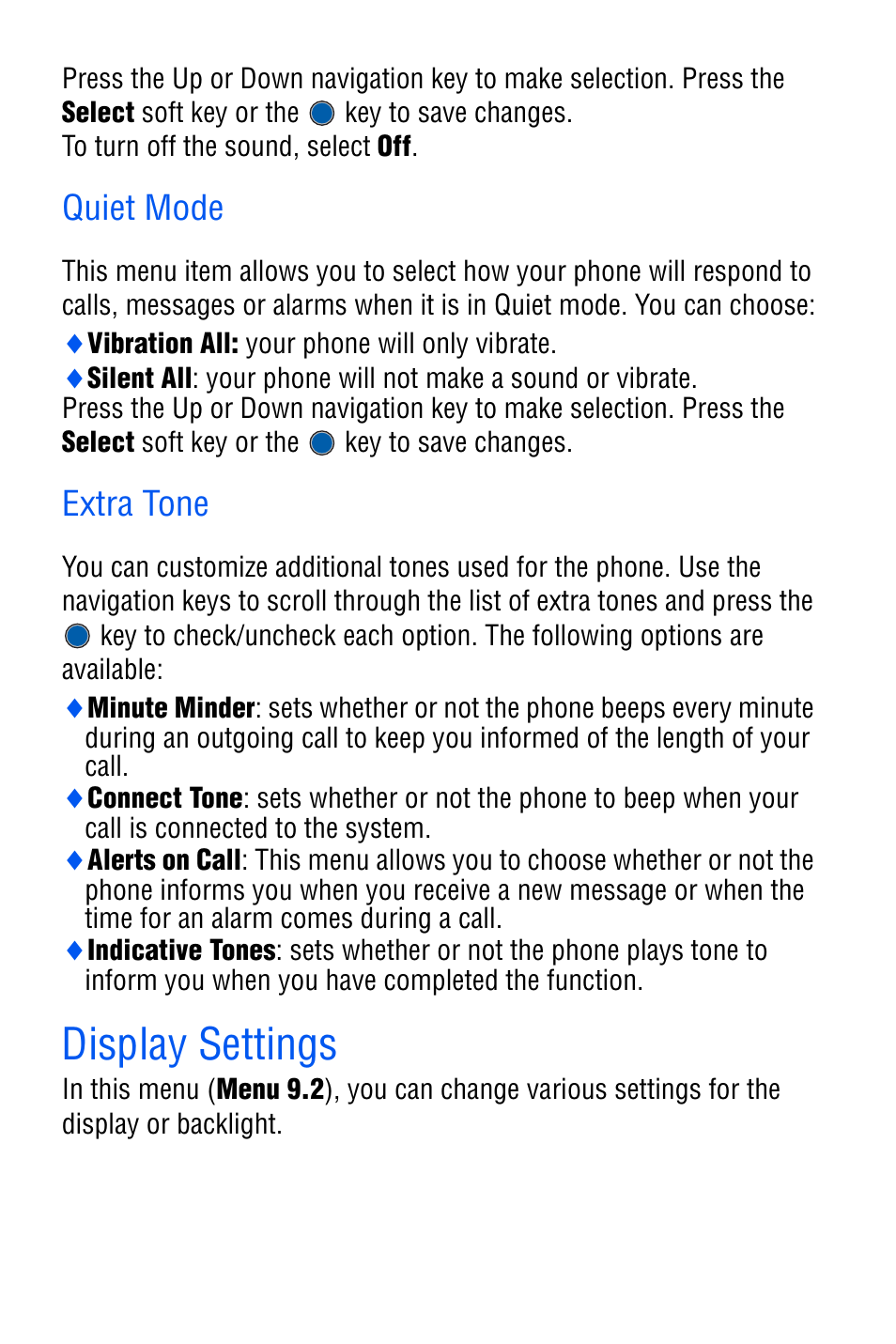 Quiet mode, Extra tone, Display settings | Samsung SGH-C327 User Manual | Page 94 / 150