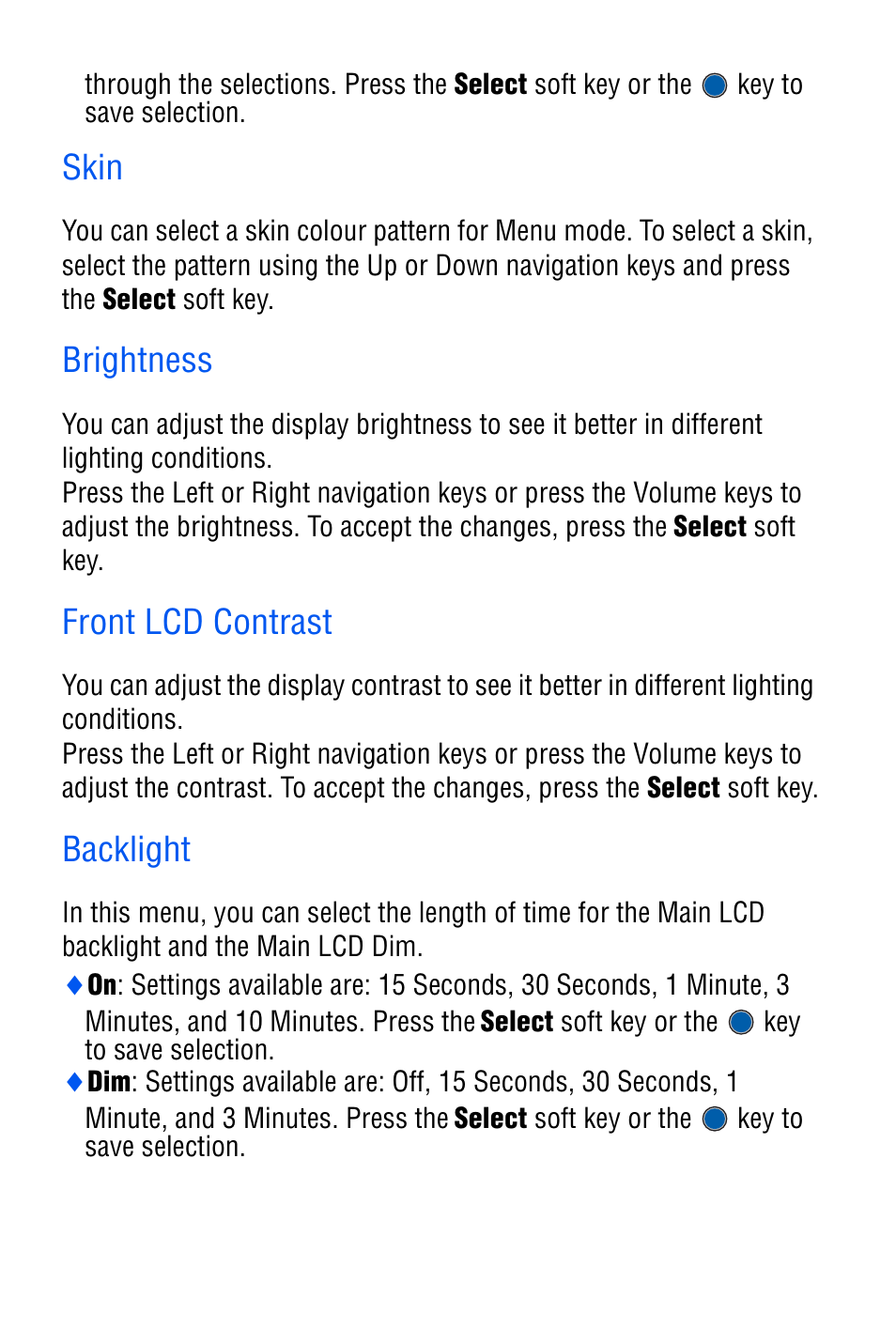 Skin, Brightness, Front lcd contrast | Backlight | Samsung SGH-C327 User Manual | Page 96 / 150