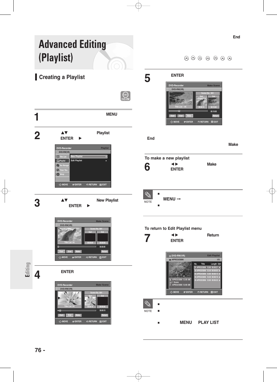 Advanced editing (playlist), Creating a playlist, 76 - english e diting | You can create up to 99 playlist entries, Vr mode) | Samsung DVD-R130S User Manual | Page 76 / 97
