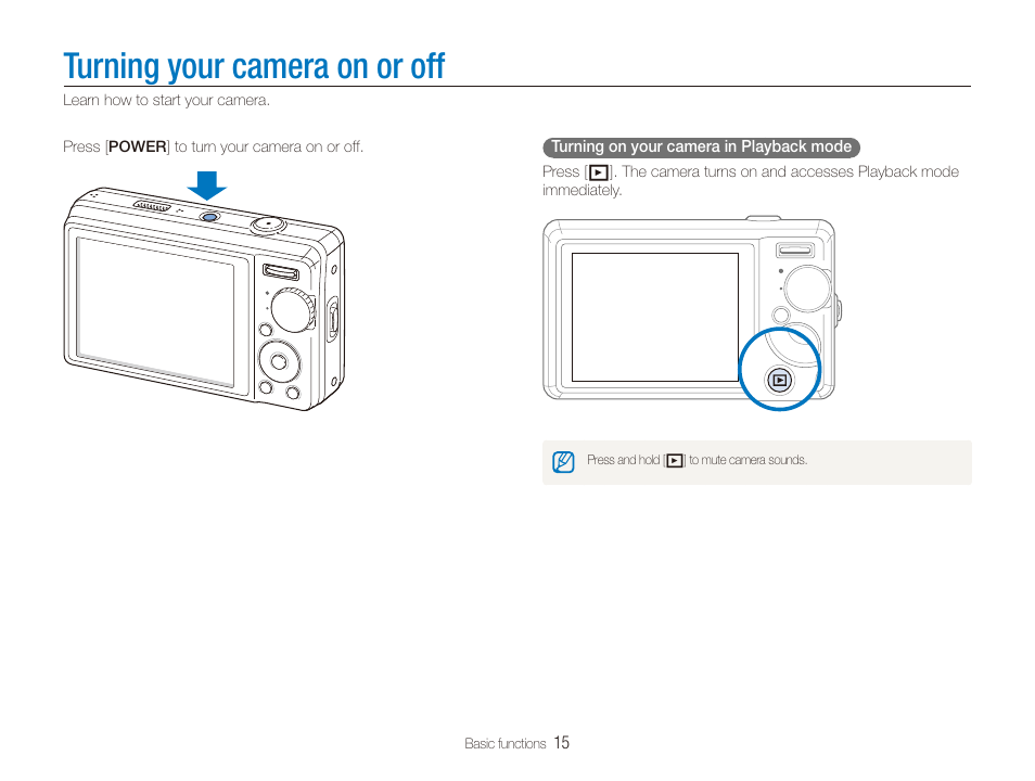 Turning your camera on or off | Samsung SL720 User Manual | Page 16 / 96