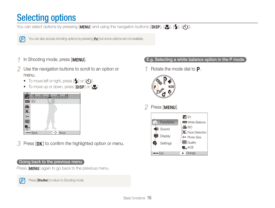 Selecting options | Samsung SL720 User Manual | Page 17 / 96