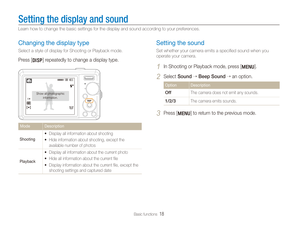 Setting the display and sound, Changing the display type, Setting the sound | Changing the display type ………………………………… 18, Setting the sound …………………………………………… 18 | Samsung SL720 User Manual | Page 19 / 96