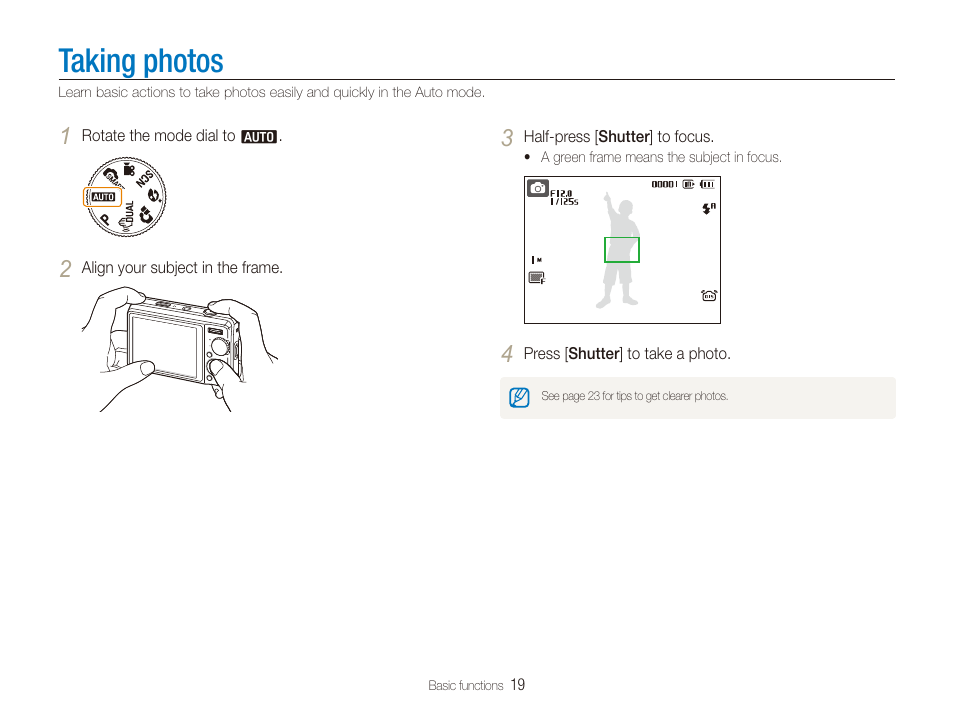 Taking photos | Samsung SL720 User Manual | Page 20 / 96