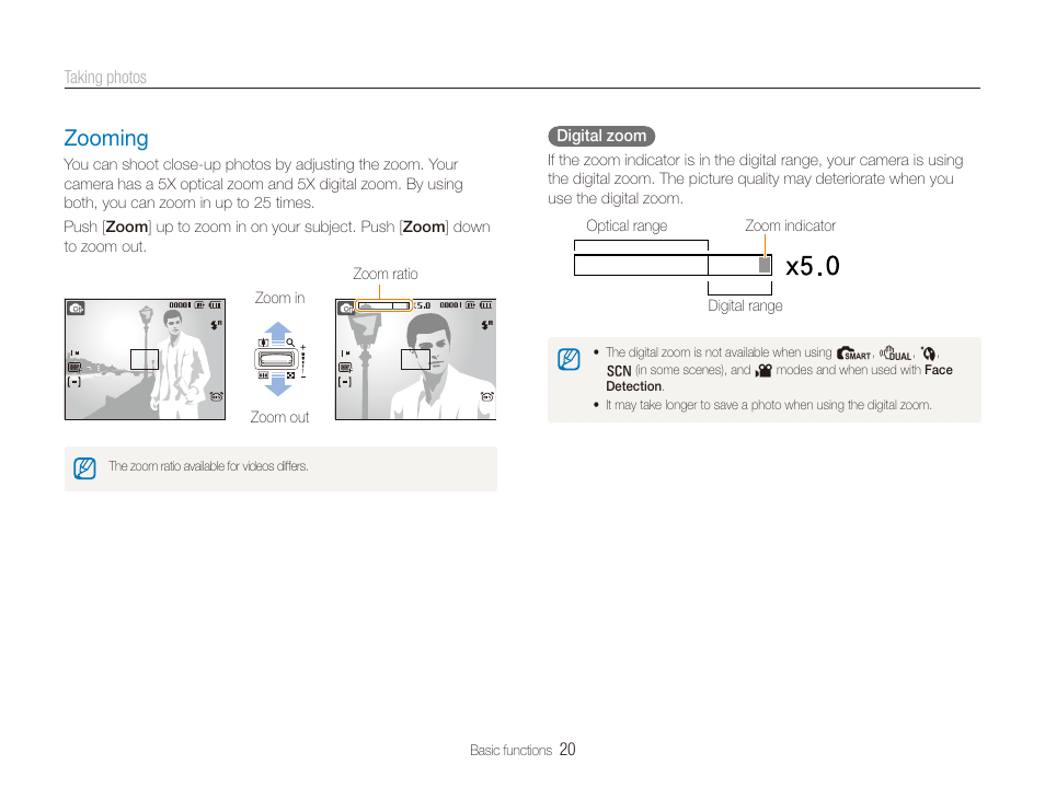 Zooming, Zooming …………………………………………………… 20 | Samsung SL720 User Manual | Page 21 / 96