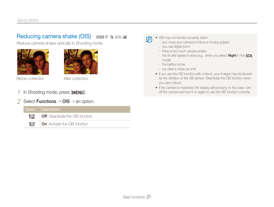 Reducing camera shake (ois), Reducing camera shake (ois) ……………………………… 21 | Samsung SL720 User Manual | Page 22 / 96