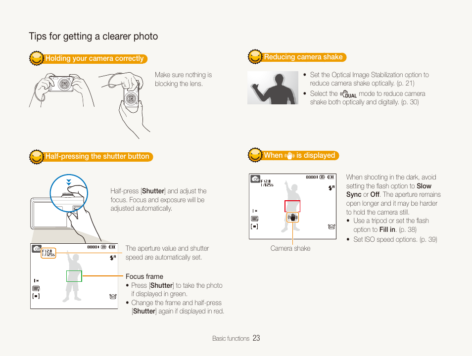 Tips for getting a clearer photo | Samsung SL720 User Manual | Page 24 / 96